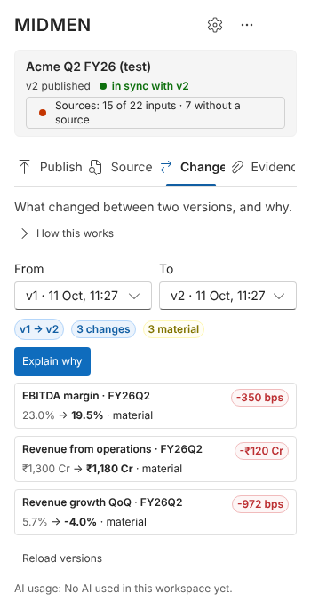 The Changes tab in Excel comparing two published versions.
