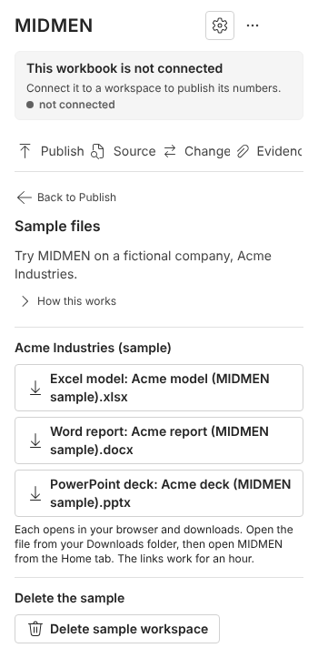 The MIDMEN pane offering the sample workspace: download the Excel model, Word report and PowerPoint deck.