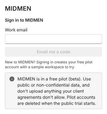 The MIDMEN pane in Excel asking for a work email, with the pilot note below.