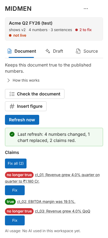 The MIDMEN pane in Word listing the report's sentences, one of them no longer true, with Fix and Approve buttons.