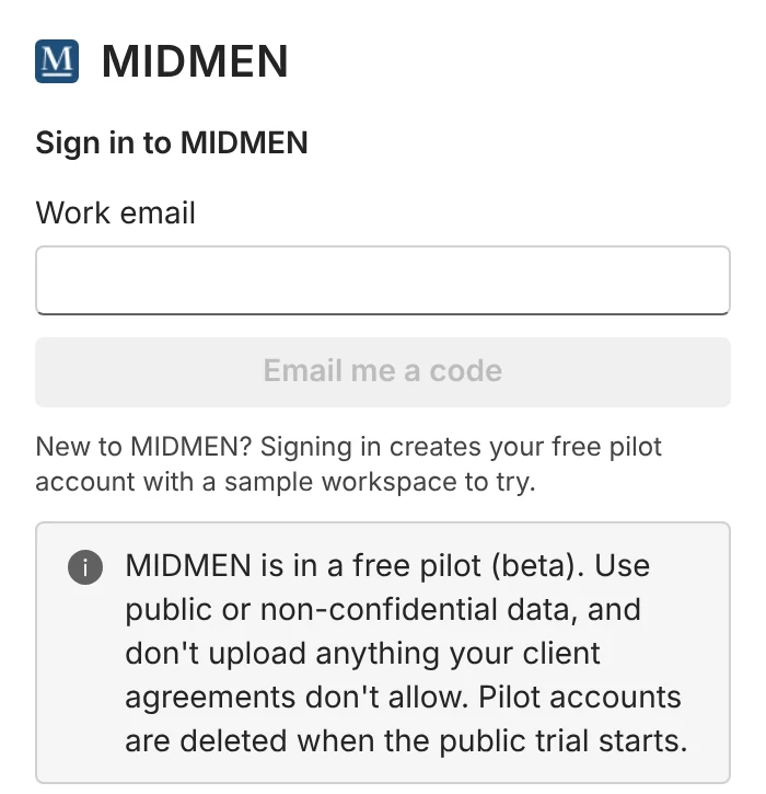 The MIDMEN pane in Excel asking for a work email, with the pilot note below.